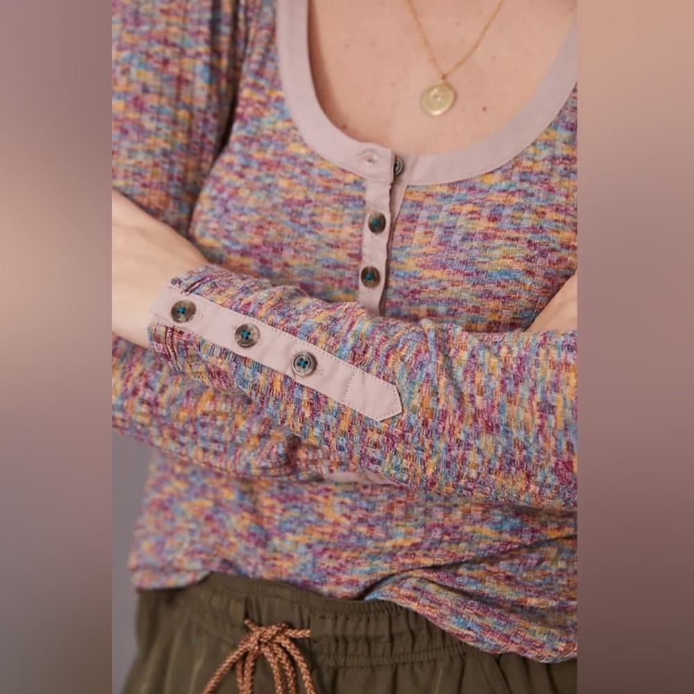 By Anthropologie Women’s Puff Long Sleeve Knit 1/4 Button Down Henley Size Small - Picture 2 of 16